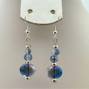 New Blue Aurora Faceted Crystal Artisan Dangle Earrings Silver Tone Hooks